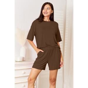 BASIC BAE Chocolate Brown Two Piece Rayon Half Sleeve Top Shorts Set Casual NEW